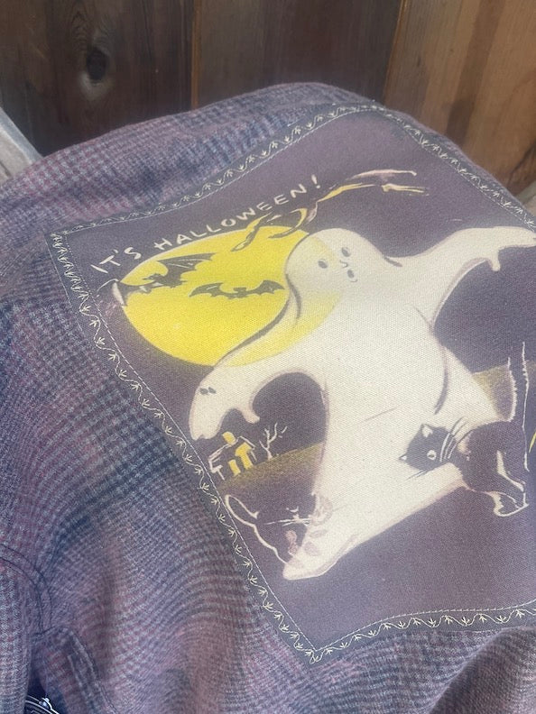 BOO! Ghost Art Flannel- Distressed Grey Plaid
