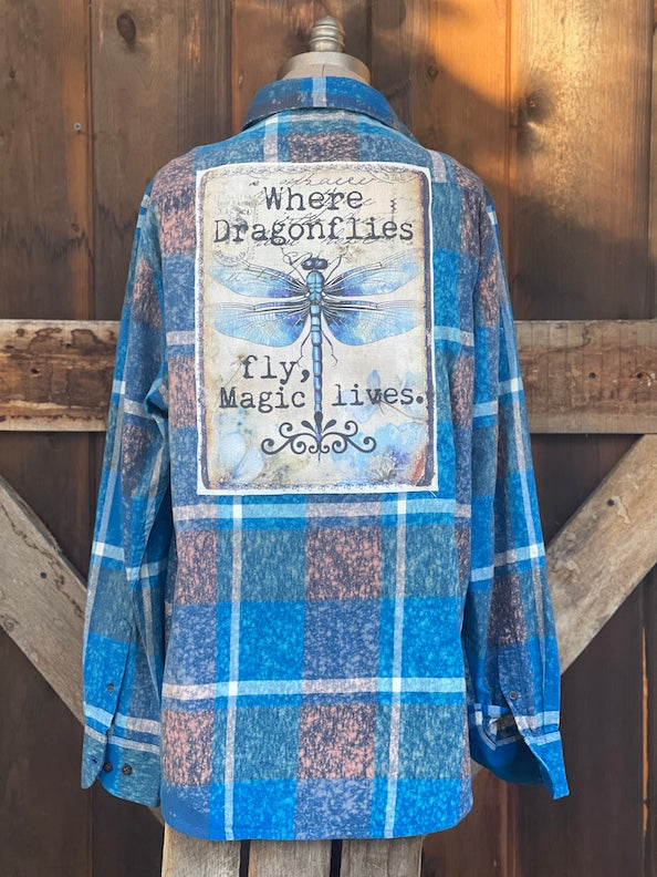 Where Dragonflies Fly Art Flannel- Cobalt Blue