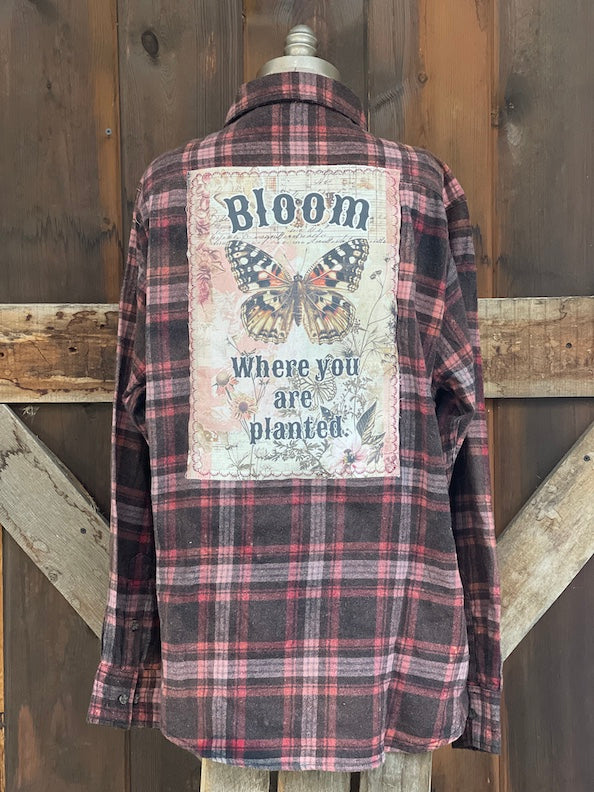 Bloom Where You Are Planted Art Flannel- Merlot Plaid