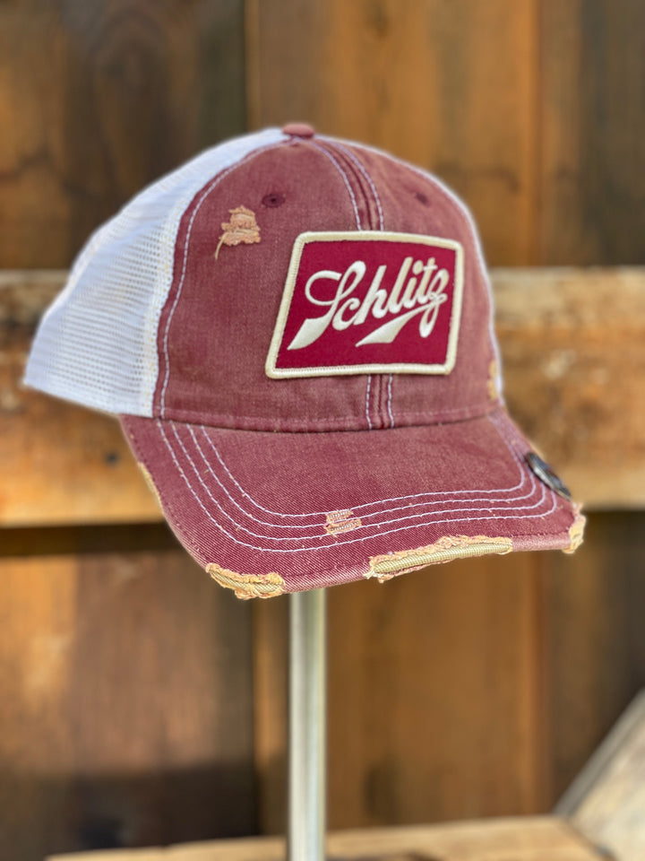 Schlitz Retro Hat- Distressed Burgundy Snapback|Angry Minnow