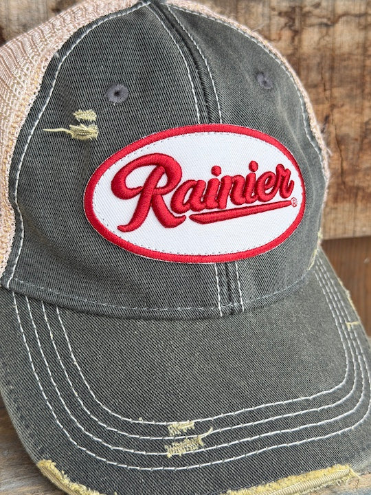 Rainier Beer Hat- Distressed Black Snapback