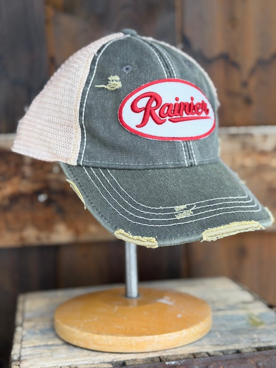 Rainier Beer Hat- Distressed Black Snapback