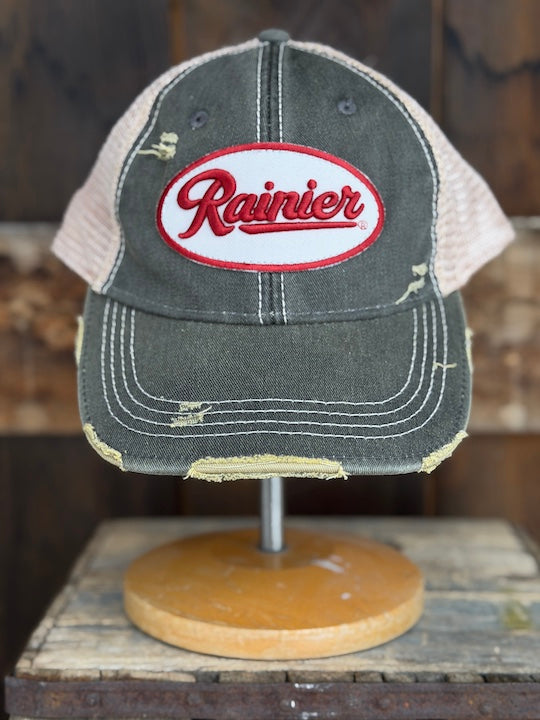 Rainier Beer Hat- Distressed Black Snapback