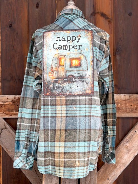 Happy Camper Art Flannel- VINTAGE BLUE