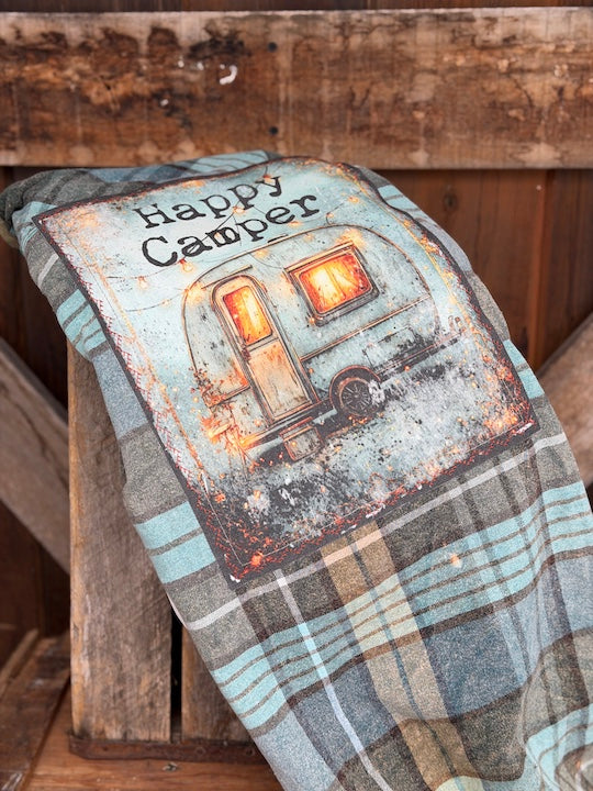 Happy Camper Art Flannel- VINTAGE BLUE