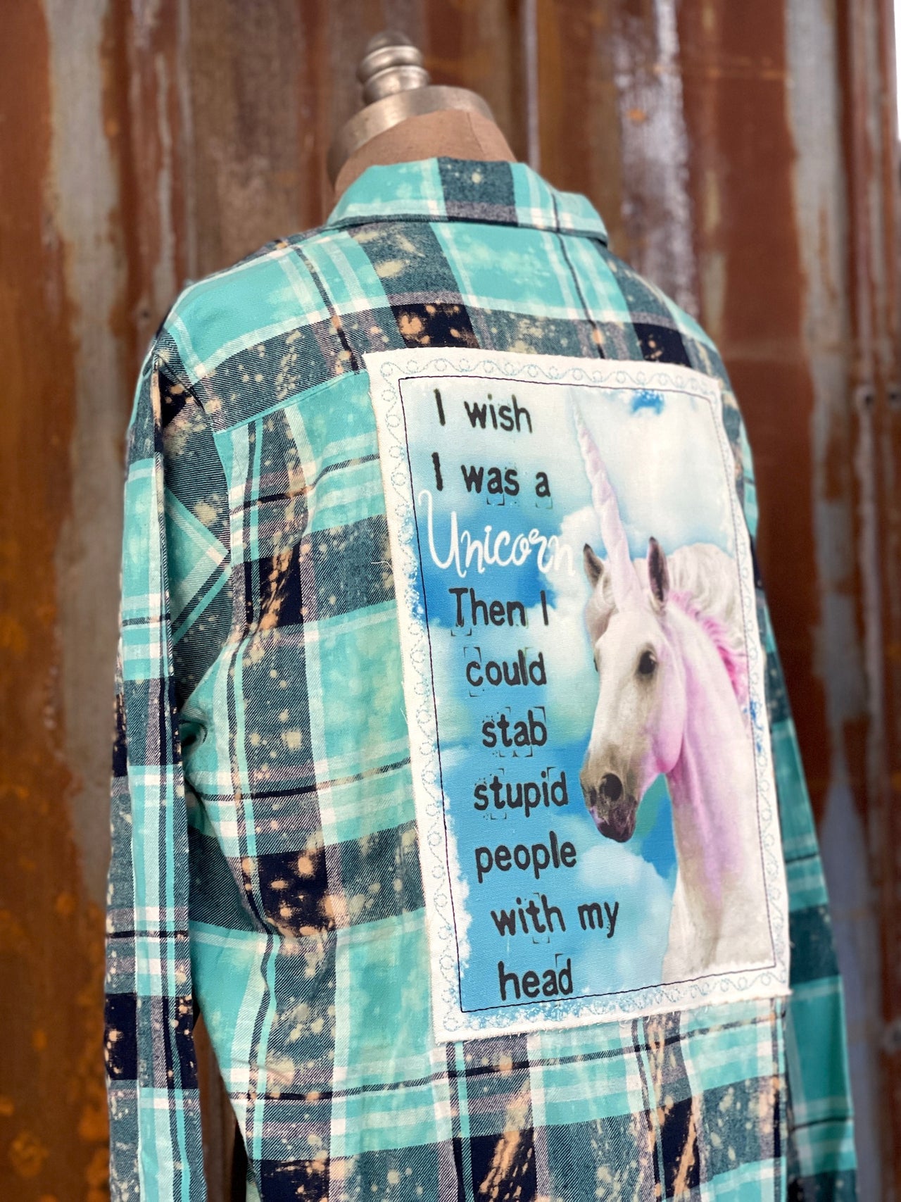 I Wish I Was A Unicorn Art Flannel- NEW Distressed Seaglass