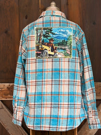 Thumbnail for Smokey Bear Jeep Art Flannel - Distressed Lakes Blue