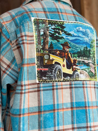 Thumbnail for Smokey Bear Jeep Art Flannel - Distressed Lakes Blue