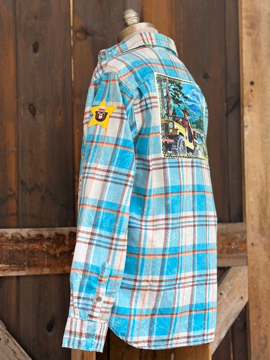 Smokey Bear Jeep Art Flannel - Distressed Lakes Blue
