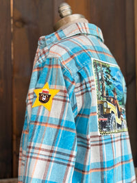 Thumbnail for Smokey Bear Jeep Art Flannel - Distressed Lakes Blue