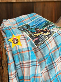 Thumbnail for Smokey Bear Jeep Art Flannel - Distressed Lakes Blue