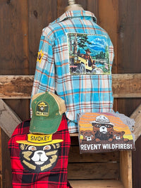 Thumbnail for Smokey Bear Jeep Art Flannel - Distressed Lakes Blue