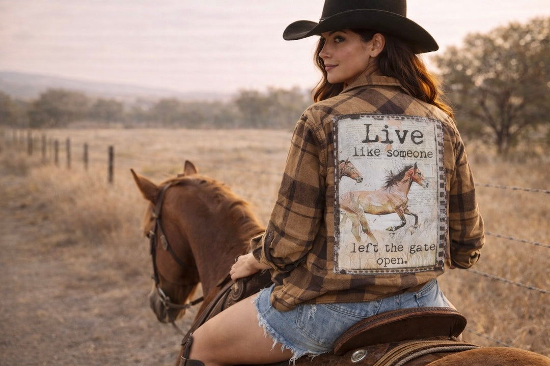Live like someone left the gate open Art Flannel- NEW Caramel Plaid