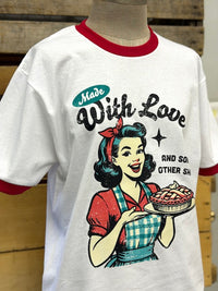 Thumbnail for White short-sleeve ringer T-shirt with red collar and sleeve trim, featuring a vintage-style graphic of a woman holding a pie and the text 'Made With Love AND SO OTHER SH.