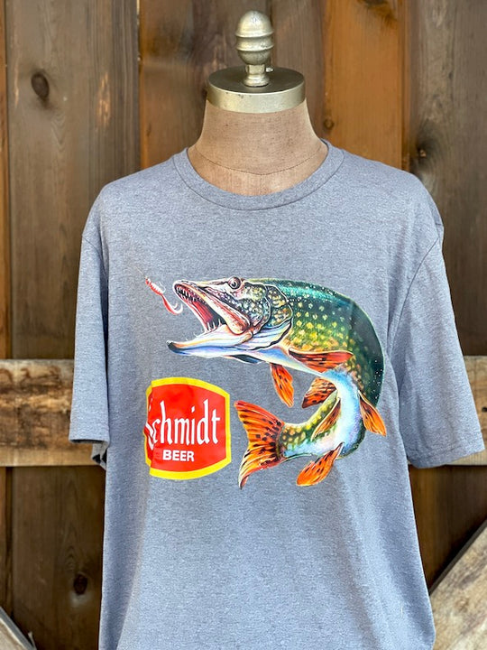 Schmidt Beer Retro Fishing Graphic Tee- Heather grey| Angry Minnow
