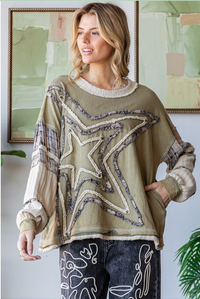 Thumbnail for Star Patchwork Sweatshirt- Olive