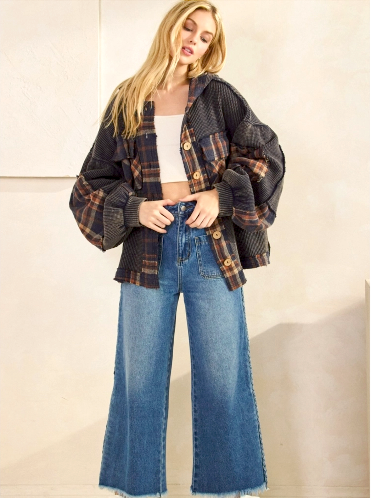 Waffle Knit & Plaid Shacket