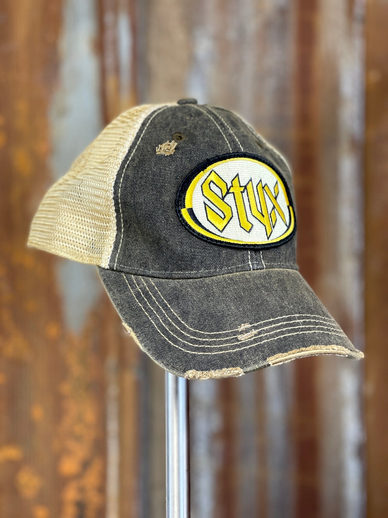 Styx Logo hat- Distressed Black Snapback