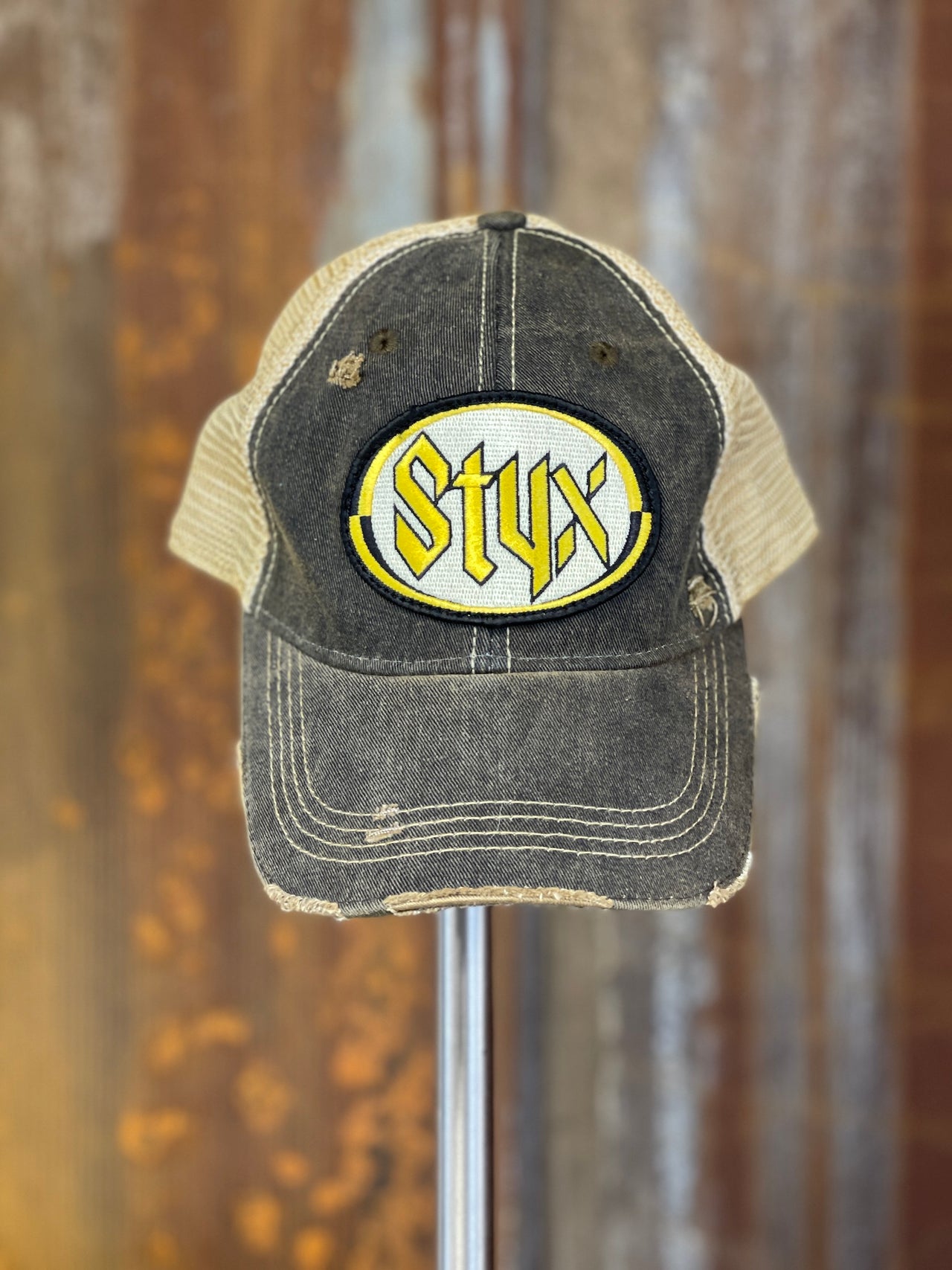 Styx Logo hat- Distressed Black Snapback