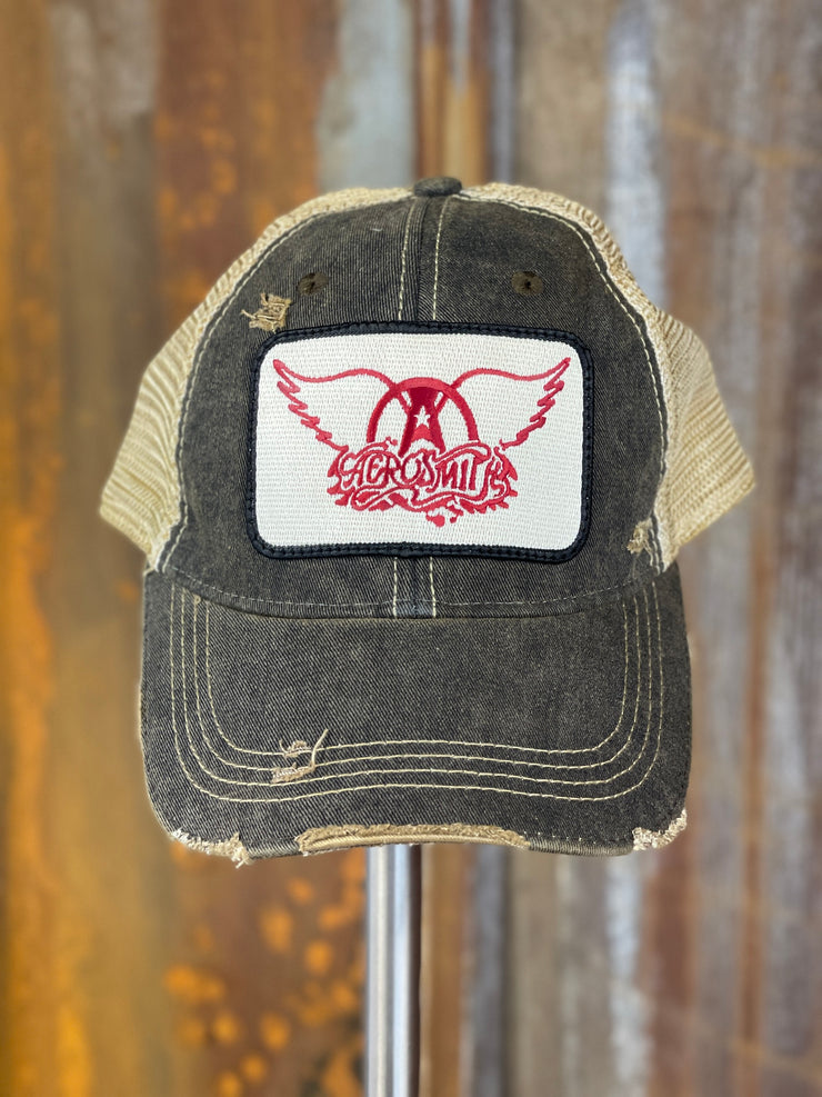 Aerosmith 80's Logo Hat- Distressed Black