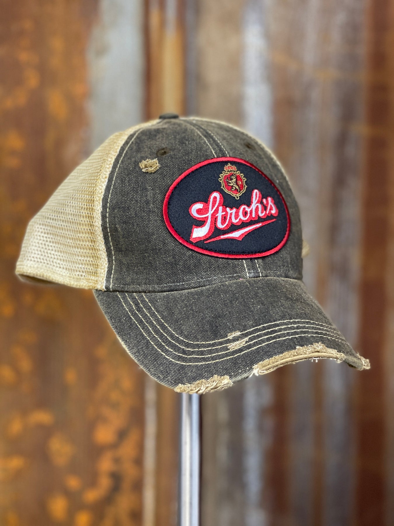 Stroh's Beer Vintage Logo Patch Hat - Distressed Black Snapback