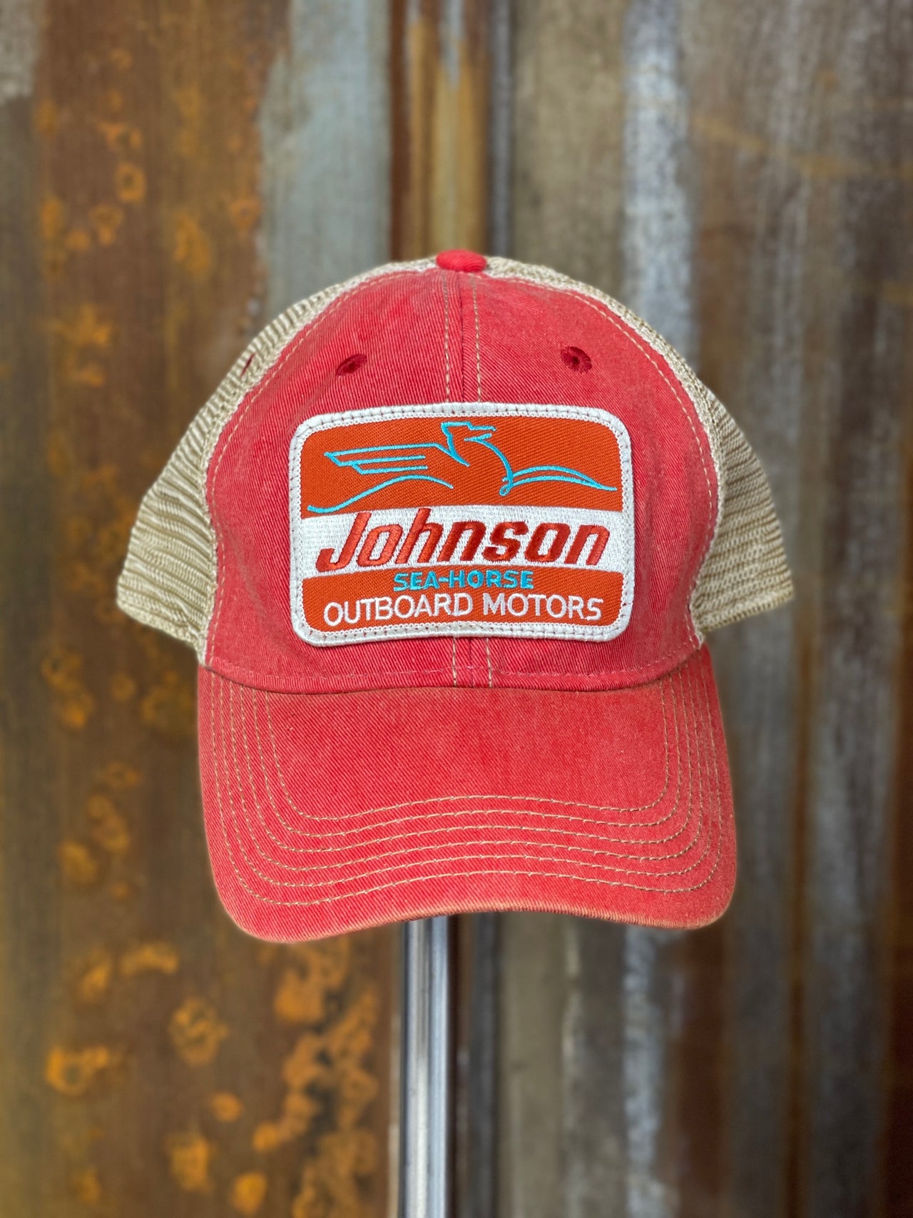 Johnson Sea-Horse "Rectangle Patch" Hat- NON-Distressed Red Snapback