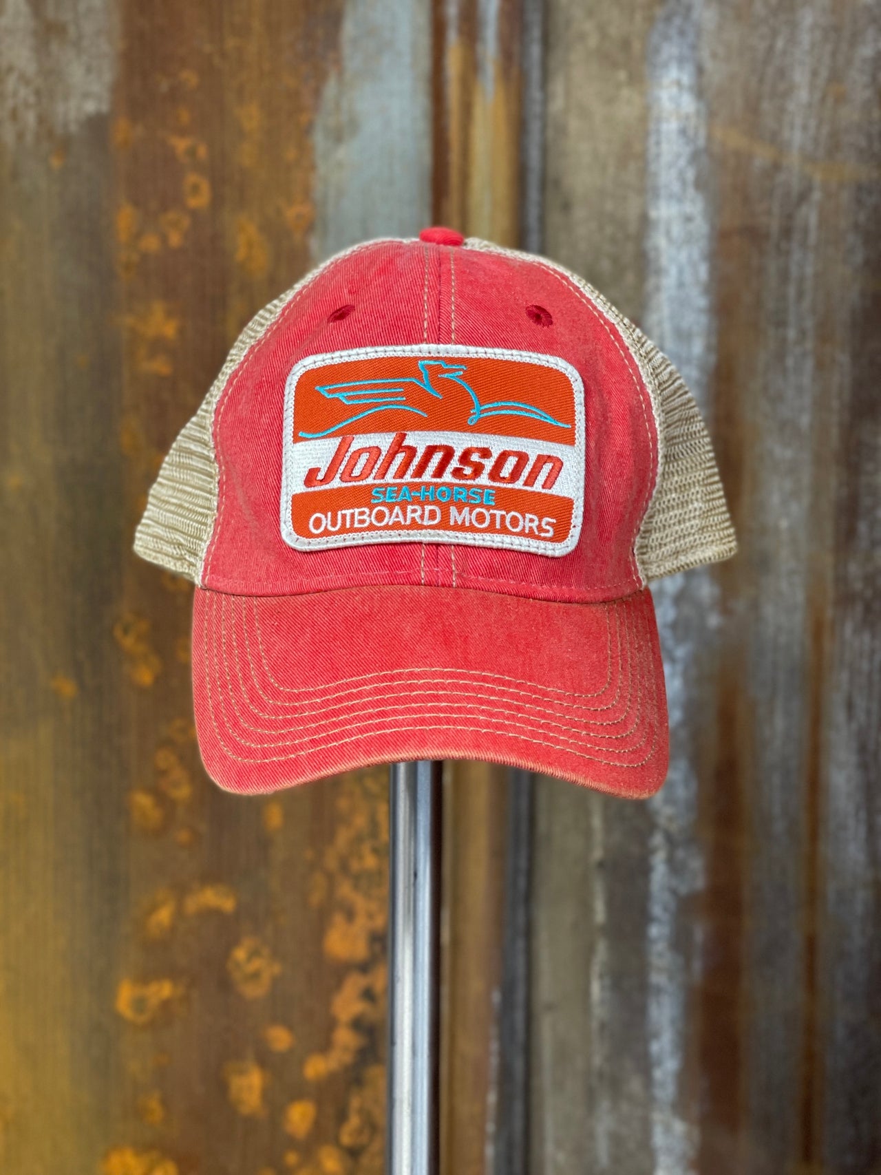 Johnson Sea-Horse "Rectangle Patch" Hat- NON-Distressed Red Snapback