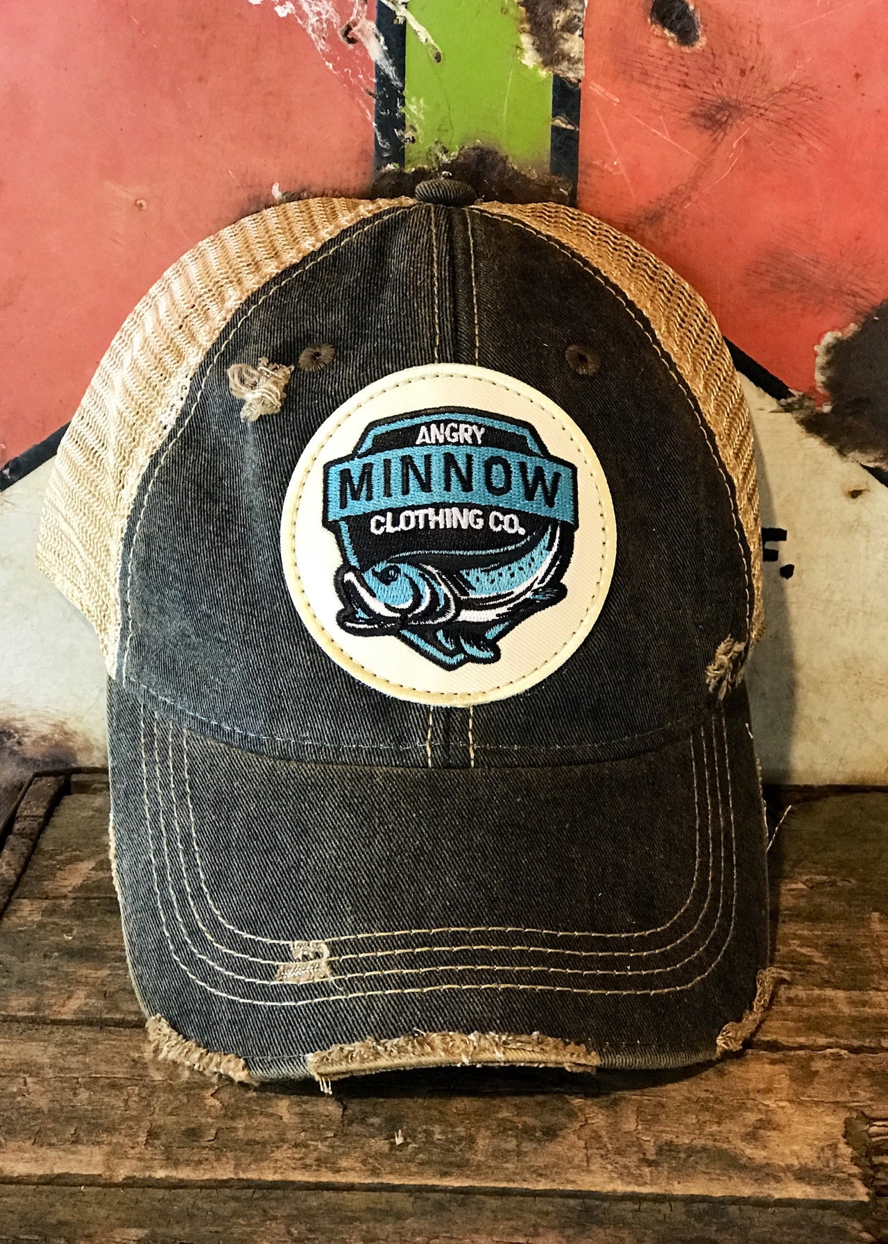 Angry Minnow Vintage Blue Logo Hat - Distressed Black Snapback