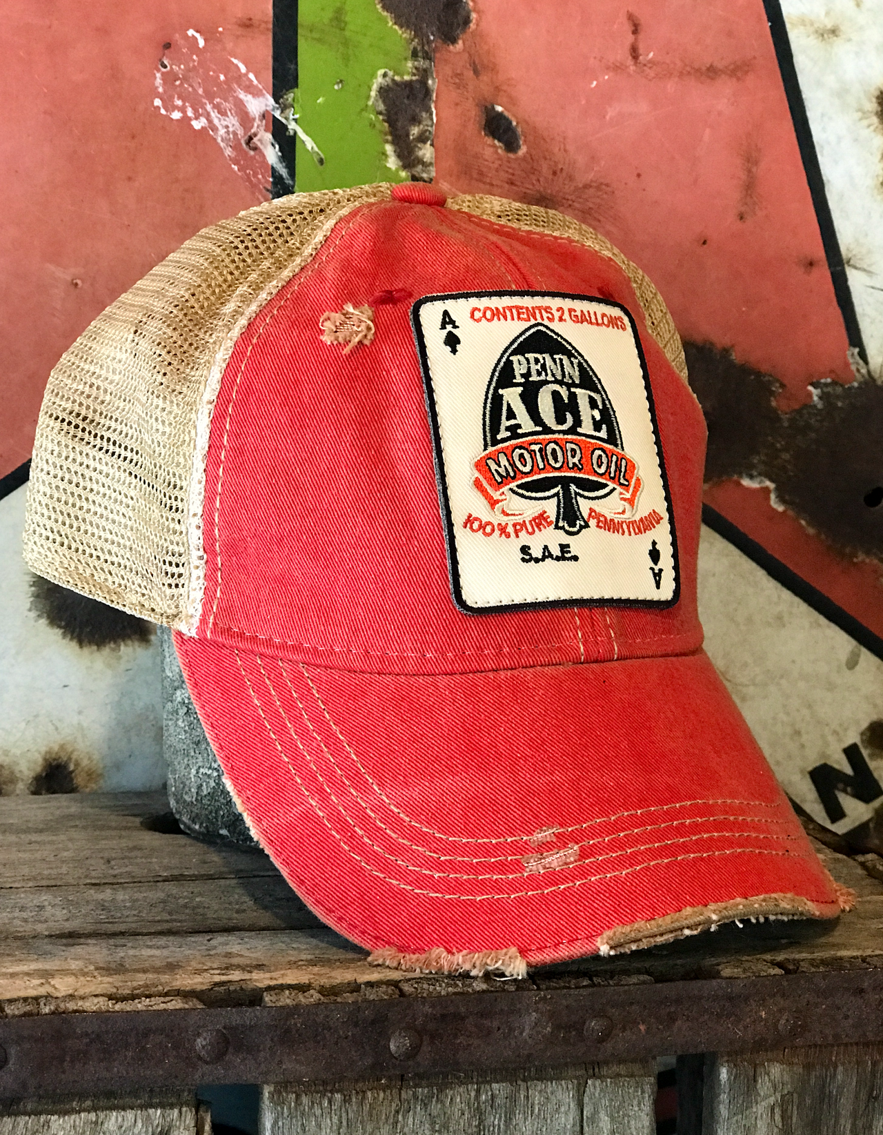 Penn Ace Motor Oil Gasoline Trucker Patch Hat- Distressed Red Snapback