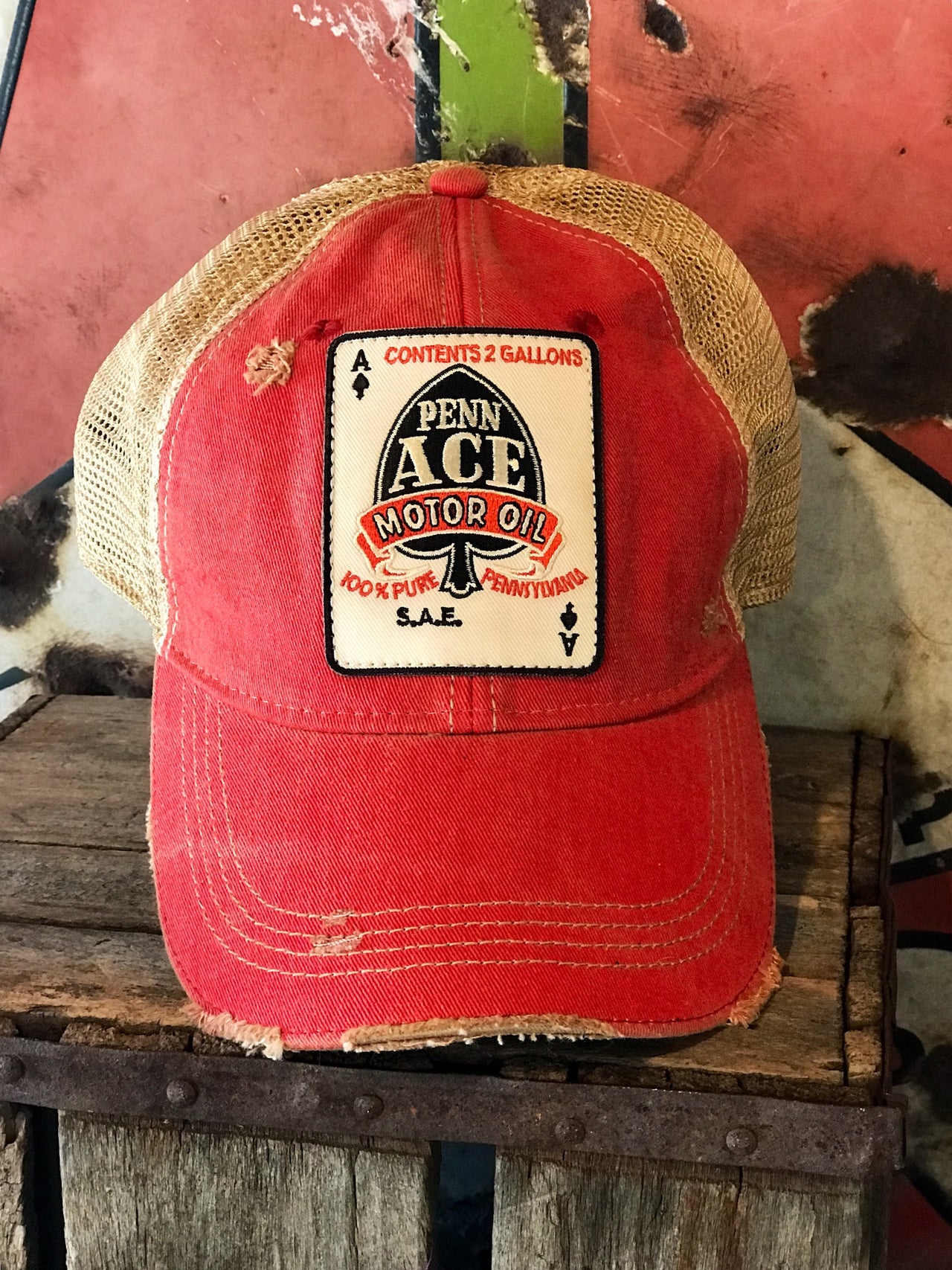 Penn Ace Motor Oil Gasoline Trucker Patch Hat- Distressed Red Snapback