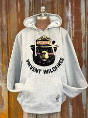 Smokey Bear Prevent Wildfires Flocked Hoodie- Light Grey SALE