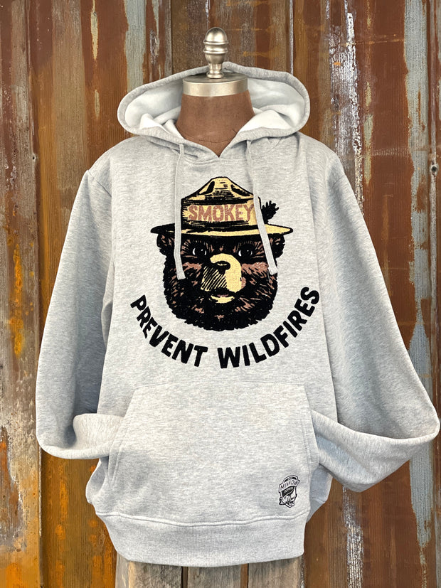 Smokey Bear Prevent Wildfires Flocked Hoodie- Light Grey SALE