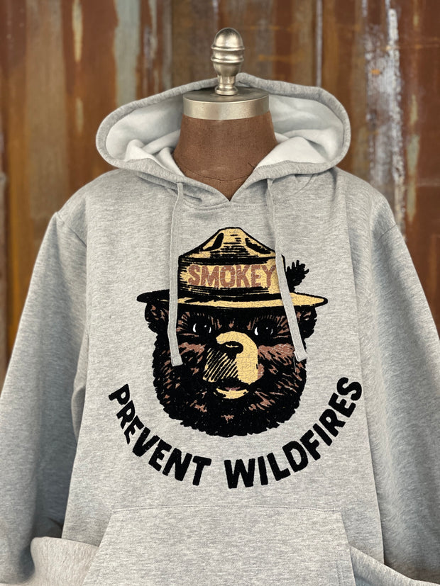 Smokey Bear Prevent Wildfires Flocked Hoodie- Light Grey SALE