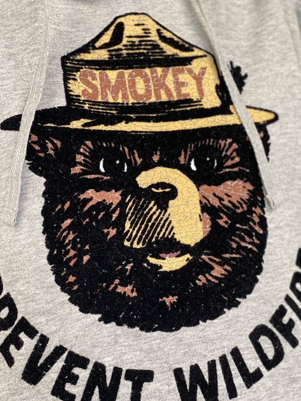 Smokey Bear Prevent Wildfires Flocked Hoodie- Light Grey SALE
