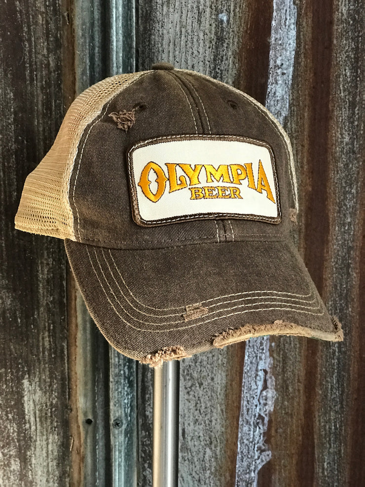 Olympia Beer IVORY Patch Hat - Distressed Brown Snapback