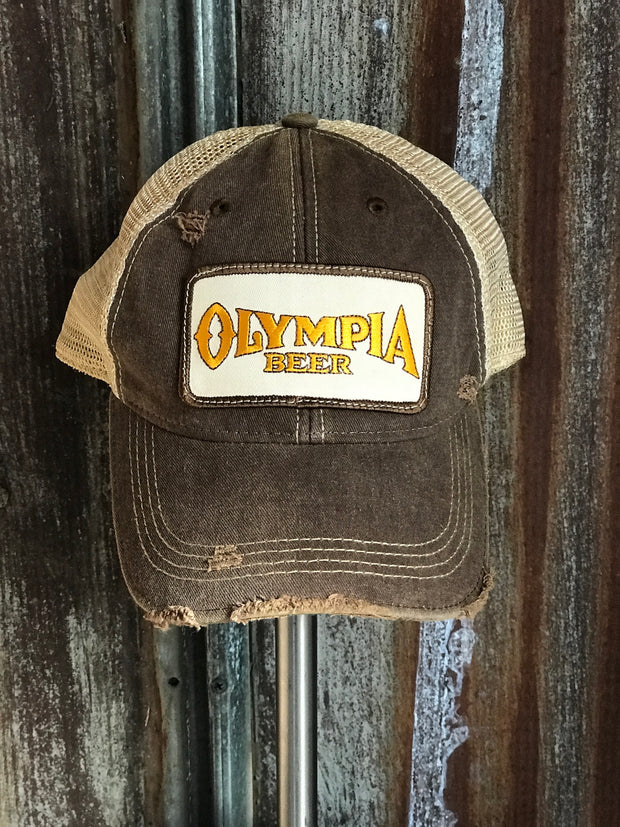Olympia Beer IVORY Patch Hat - Distressed Brown Snapback