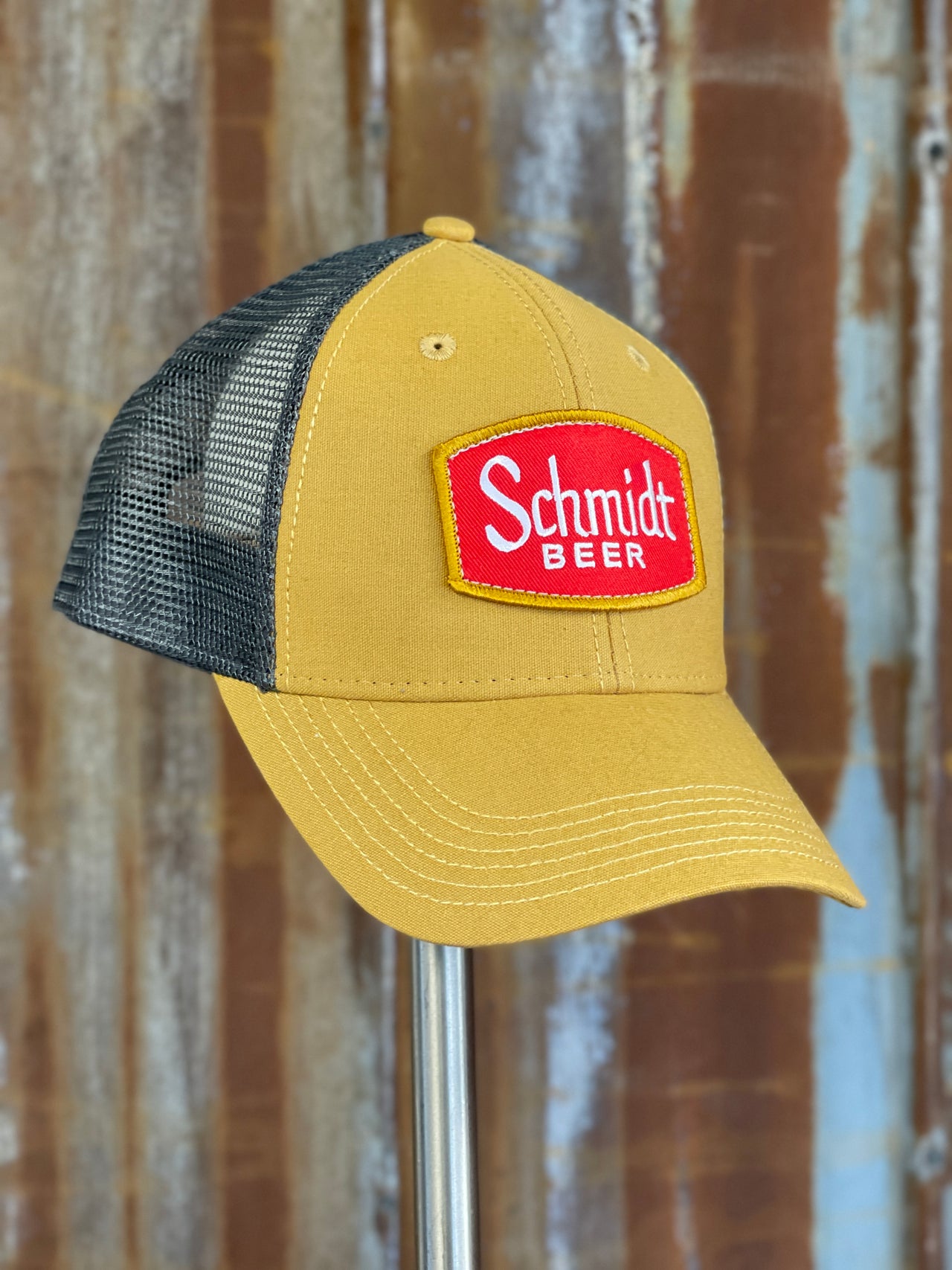 Schmidt Beer Hat- NON-Distressed Gold/ Grey Snapback