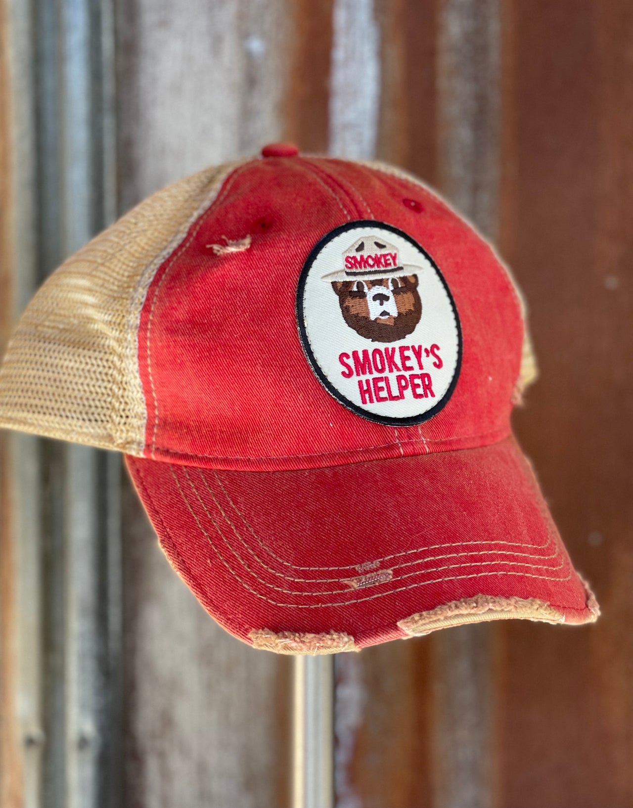 Smokey"s Helper Hat- Distressed Red Snapback