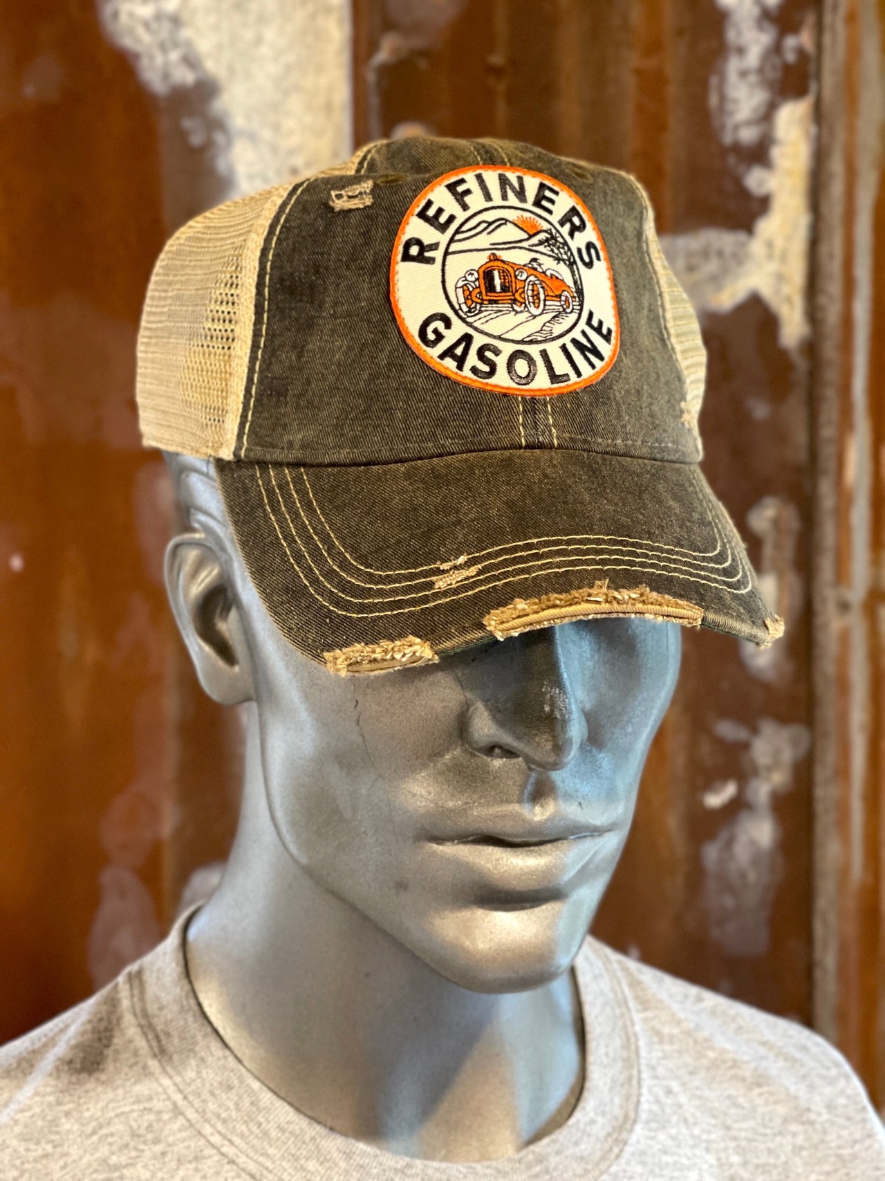 Refiners Gasoline Patch Hat- Distressed black snapback