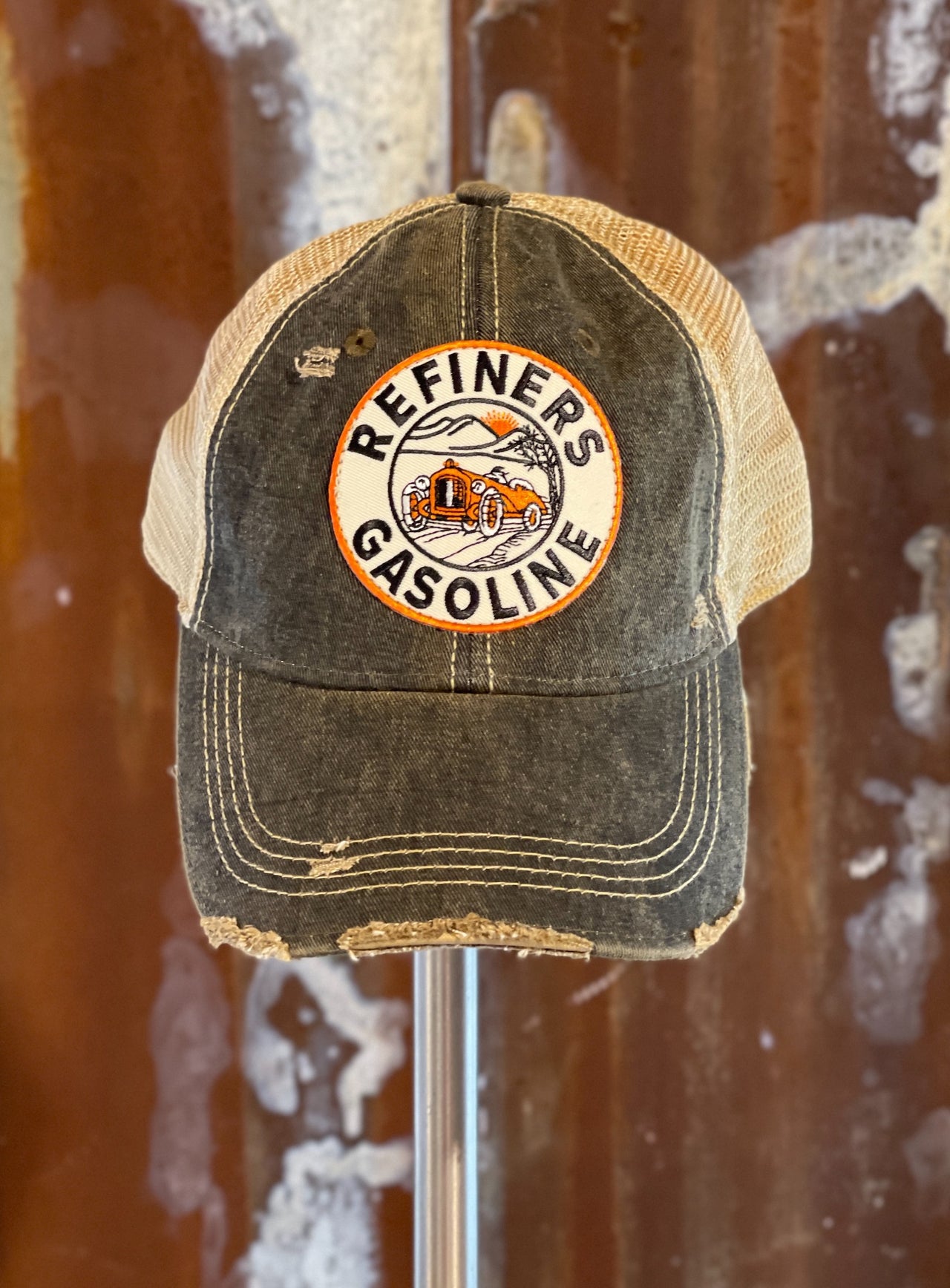 Refiners Gasoline Patch Hat- Distressed black snapback