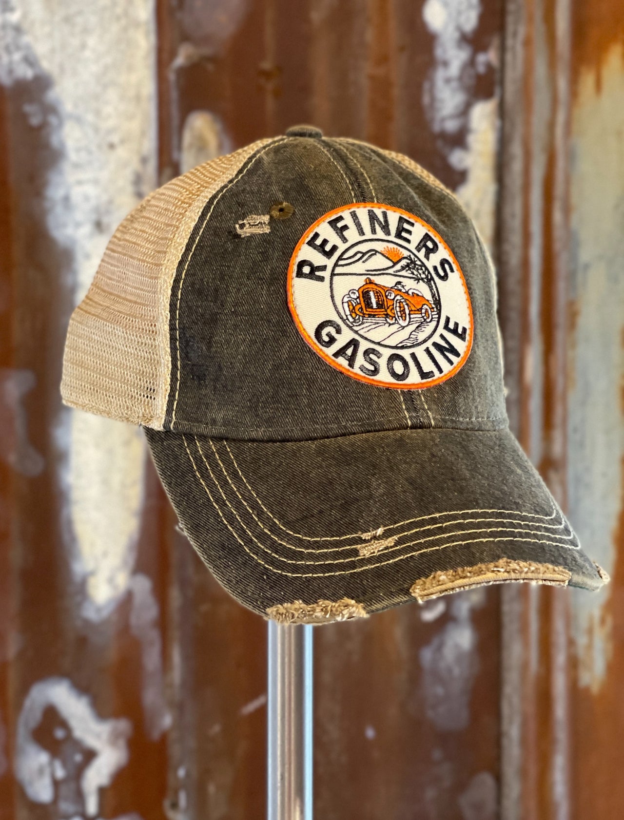 Refiners Gasoline Patch Hat- Distressed black snapback