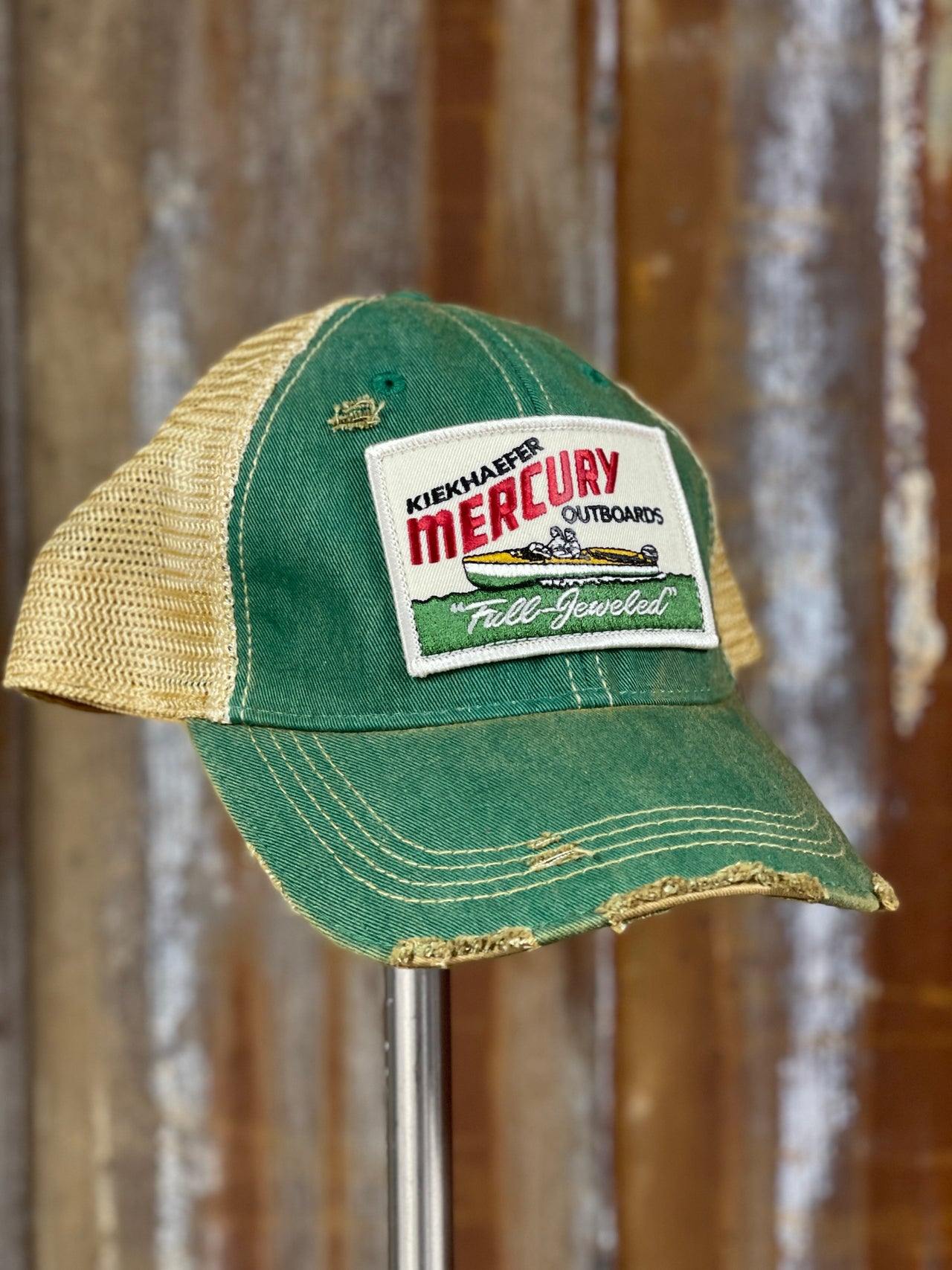 Retro Mercury Outboard Hat "rectangle" - Distressed Kelly Green