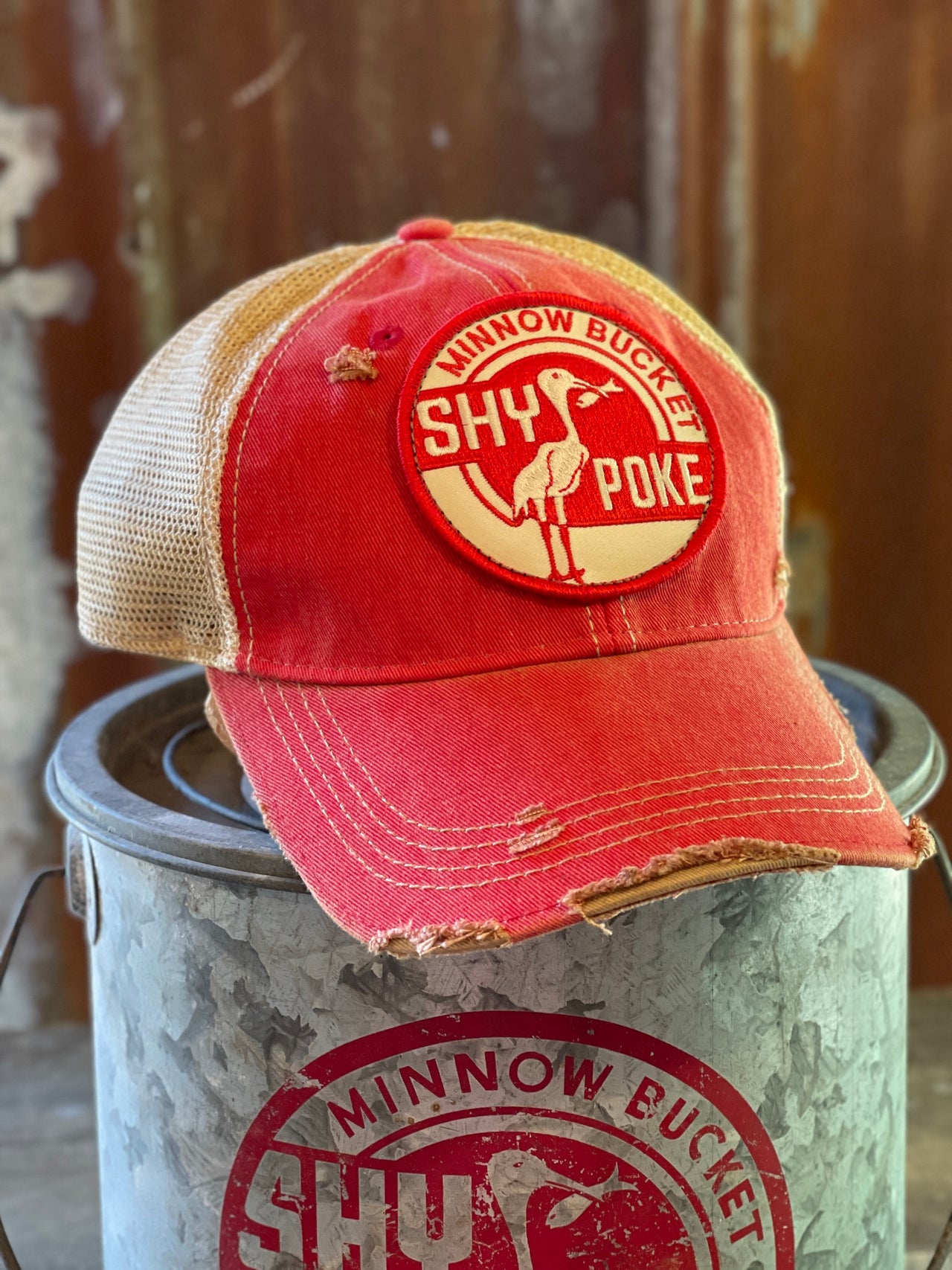Shy Poke Minnow Bucket Hat- Distressed Red Snapback
