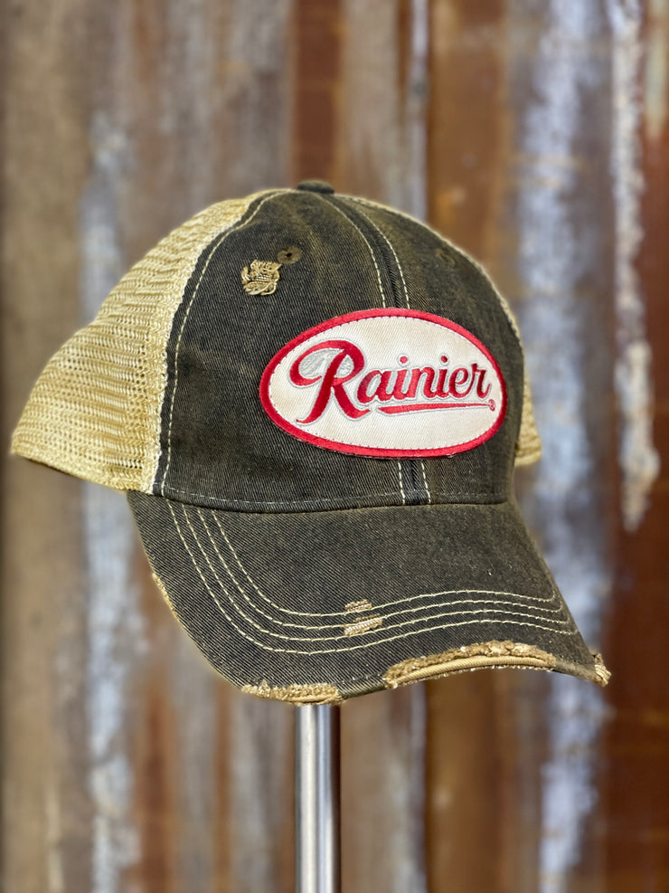 Rainier Beer Hat- Distressed Black Snapback