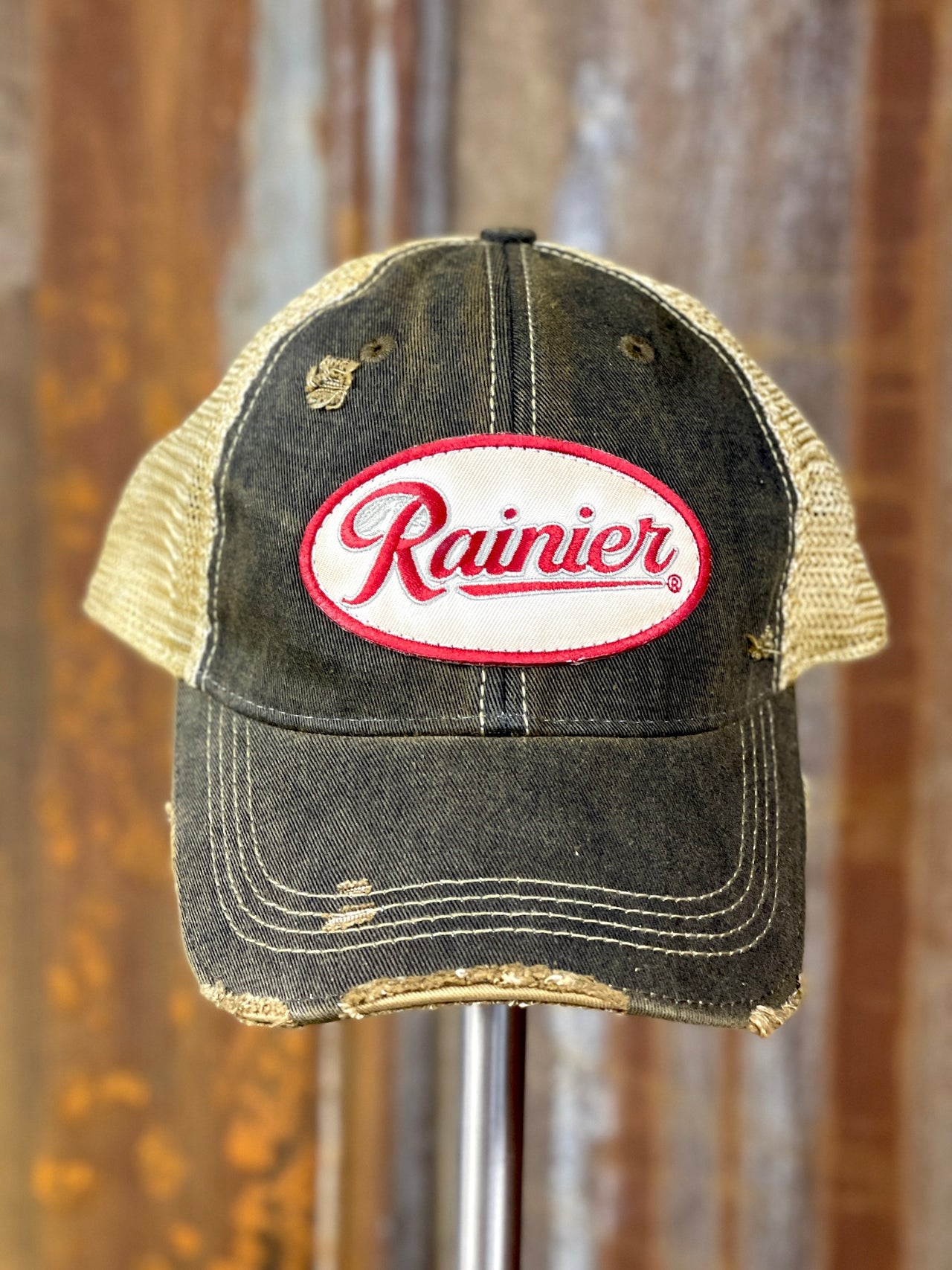 Rainier Beer Hat Distressed Black Snapback Angry Minnow Vintage Angry Minnow Vintage LLC