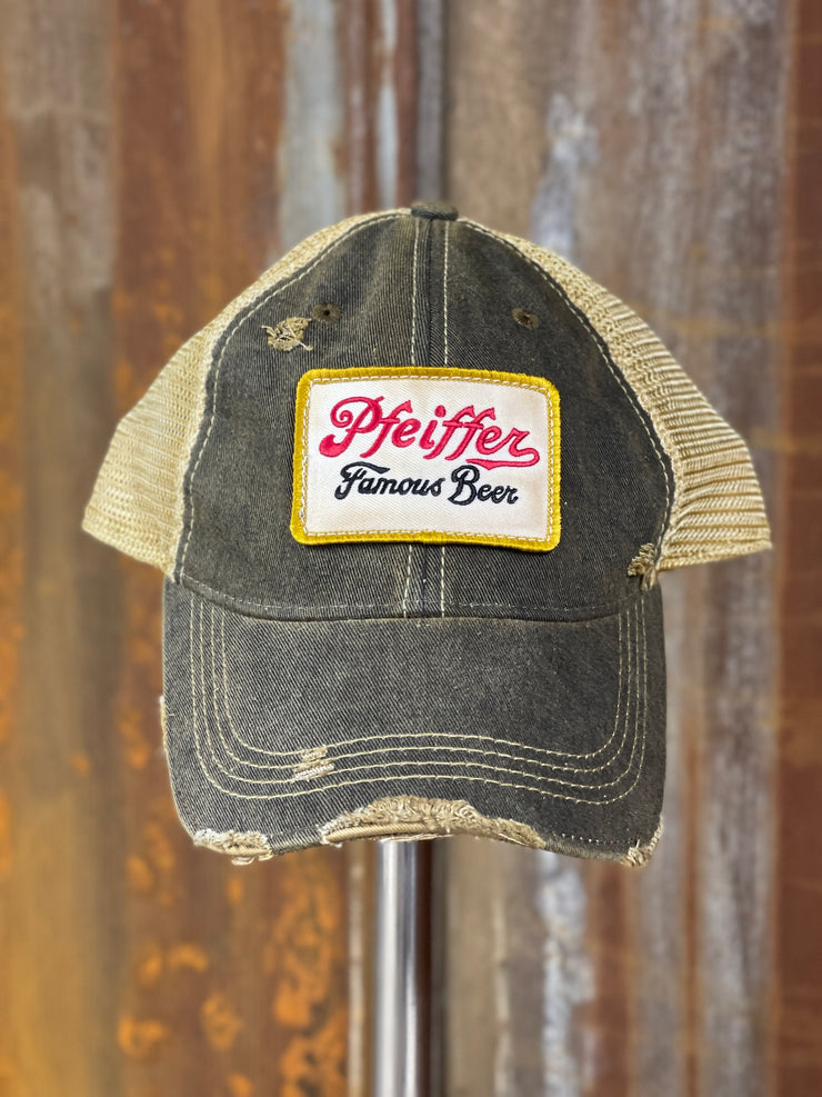 Pfeiffer Beer Patch Trucker Hat- Distressed Black Snapback Angry Minnow Vintage