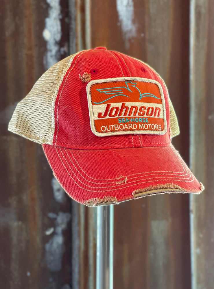 Johnson Sea-Horse "Rectangle Patch" Hat- Distressed Red Snapback