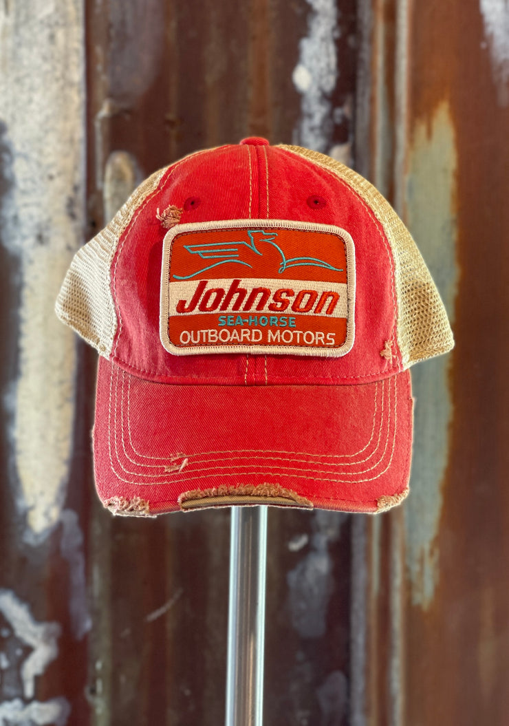 Johnson Sea-Horse "Rectangle Patch" Hat- Distressed Red Snapback