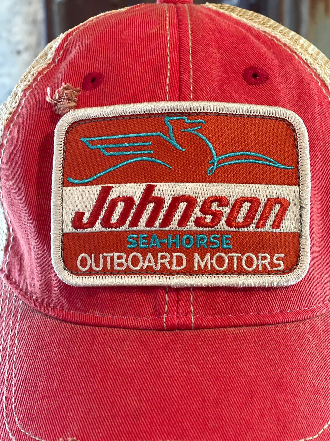 Johnson Sea-Horse "Rectangle Patch" Hat- Distressed Red Snapback