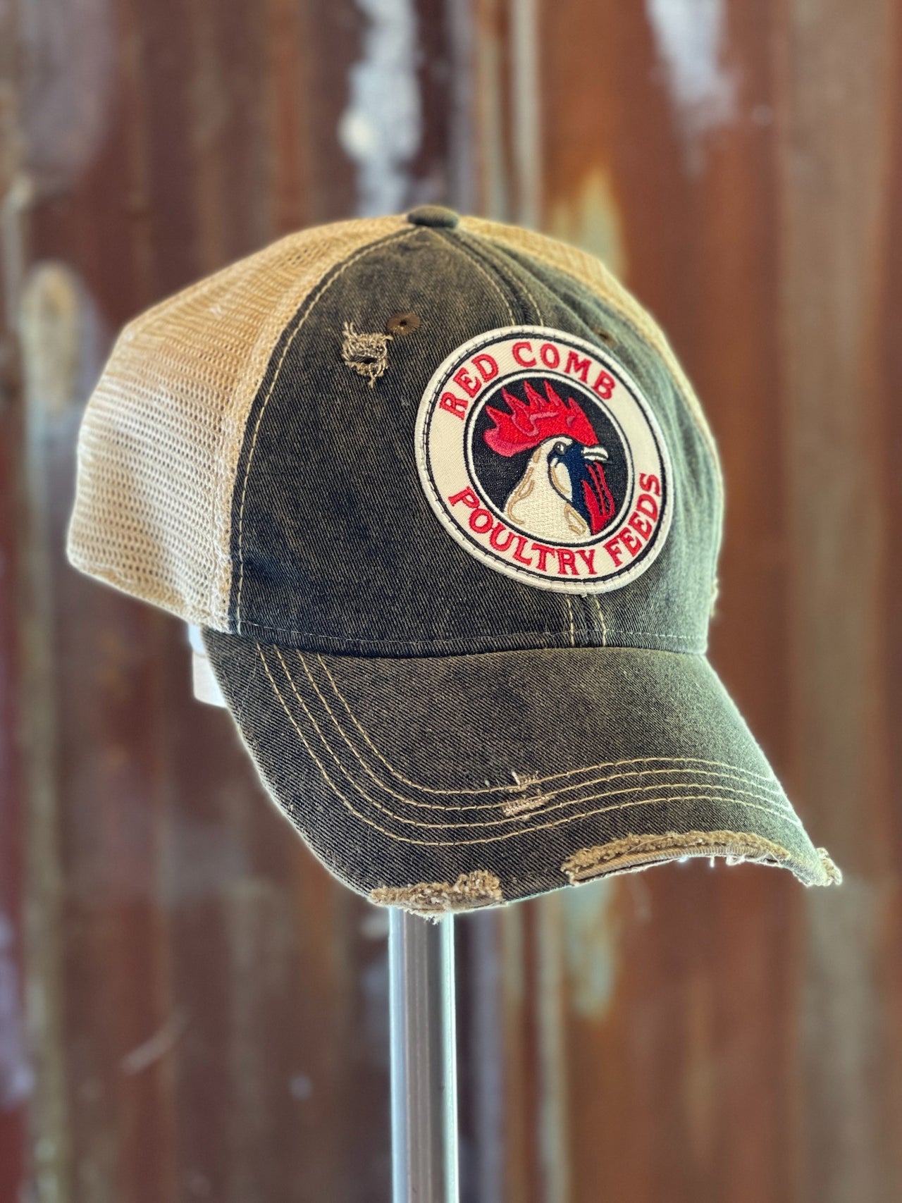Red Comb Feeds Hat- Distressed Black Snapback Angry Minnow Vintage